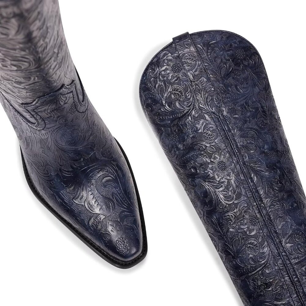 Women's Blue Knee High Western Pointed Toe Comfortable Chunky Heel Boots - Picture 4 of 6